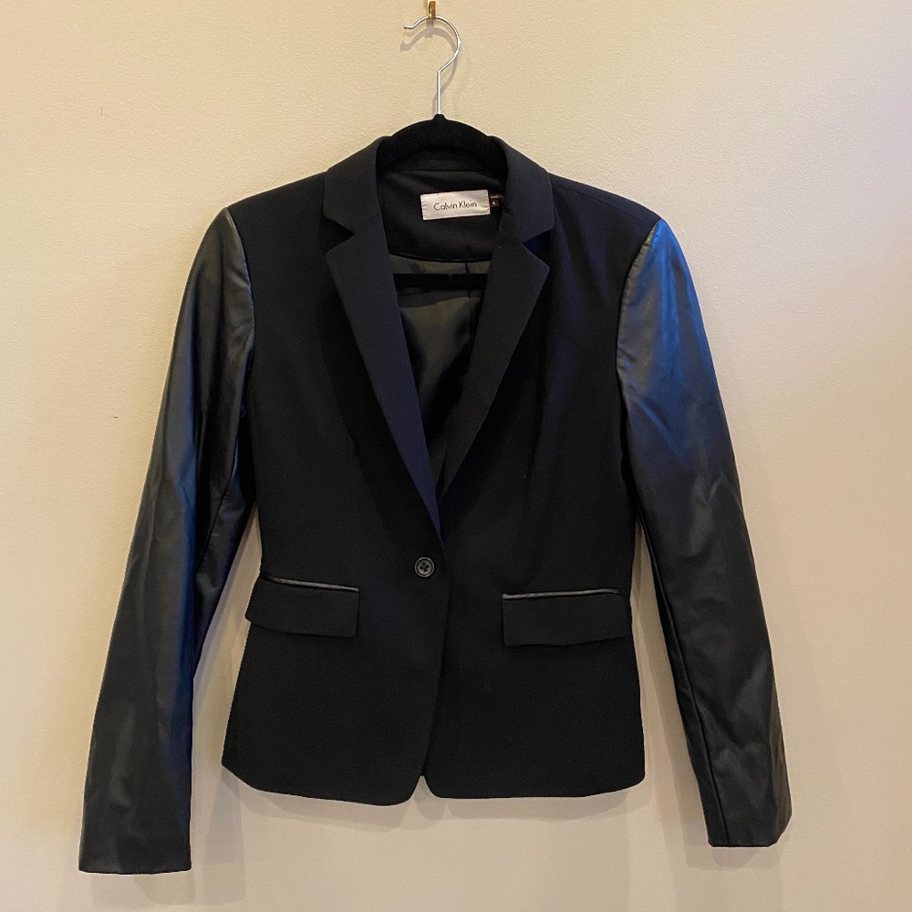 Calvin Klein Women's Blazer Faux Leather Sleeves